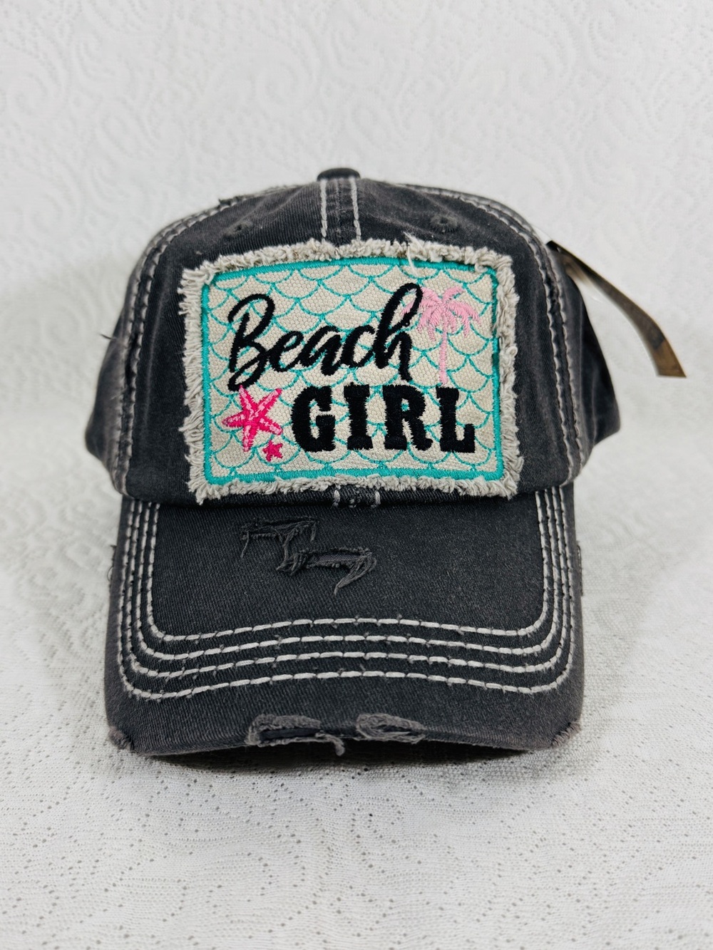 Baseball Cap Black Trucker Hat with Teal and Pink 'Beach Girl' Patch